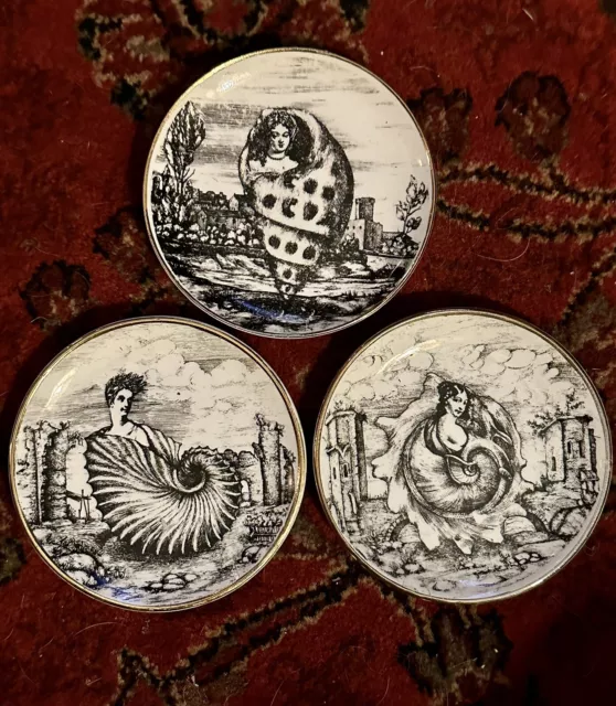 Set of 3 Piero Fornasetti Conchyliorm Plates 4" Coasters 1950's Surrealism MCM Set of 3 Piero Fornasetti Conchyliorm Plates 4" Coasters 1950's Surrealism MCM