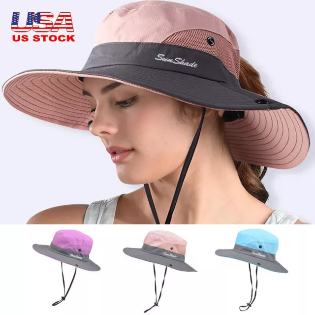 WOMEN'S SUMMER BUCKET Hat Boonie Ponytail Wide Brim Sun UV Protection ...