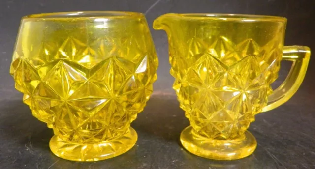 Vintage Yellow Glass Creamer & Sugar Bowl Diamond Pattern Excellent Conition