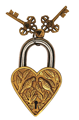 Heart Shape Bird Engraved Door Lock Vintage Style Handmade Solid Brass Padlock