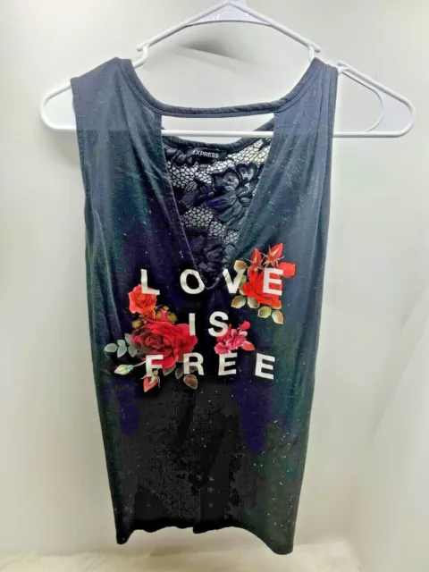 Express Women's Love Is Free Graphic Tank Top With Lace Back Size Large