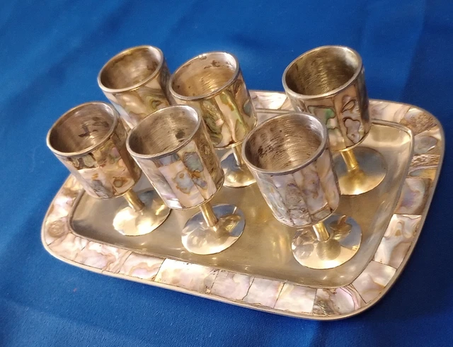 MINI SHERRY GOBLETS w/ ABALONE SHELL INLAY ALPACA MEXICO 6 PCS & 1 TRAY - 7 PCS