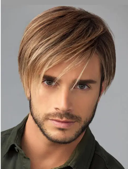 Men's Short Straight Layered Blonde Mix 100% Human Hair Wig Natural Soft