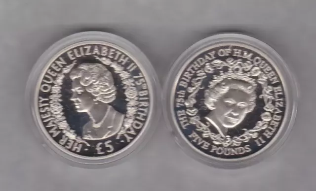 Verpackt 2001 Alderney & Guernsey Qeii 75. Geburtstag - £ 5 Silberproof Zwei Münzset.