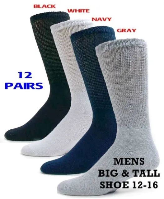 12 Pairs Mens Physicians Choice EXTENDED SIZE 13-15 Cotton Diabetic Crew Socks
