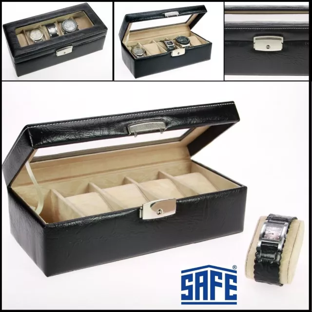 Caja para Relojes la De Skai Negro 5 compartimentos Beige Velour & Soporte Safe