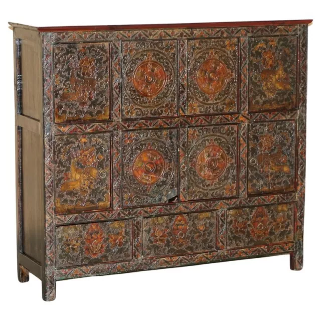 Antique Chinese Deer & Flower Tibetan Polychrome Painted Altar Cabinet Sideboard