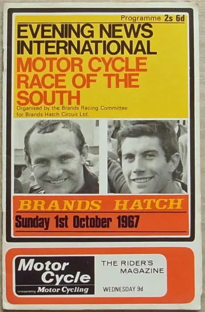BRANDS HATCH 1 Oct 1967 EVE NEWS INTL MOTOR CYCLE RACE OF THE SOUTH Programme