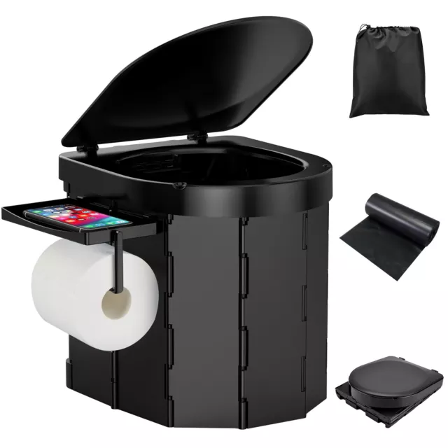 Portable Camping Toilet, Folding Toilet with Lid, Paper Holder and Phone Holder