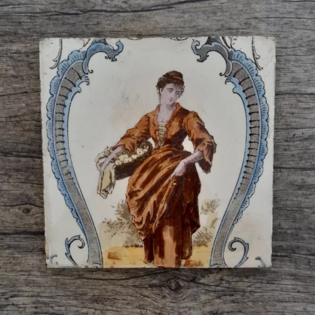 Nice orig vintage European art lady w flower basket ceramic porcelain print tile