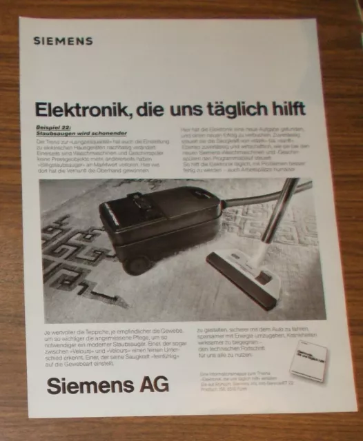 Seltene Werbung SIEMENS Staubsaugen wird schonender Super 89-S electronic 1981