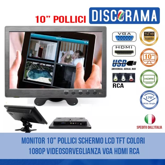 Monitor 10" Pollici Schermo Lcd Tft Colori 1080P Videosorveglianza Vga Hdmi Rca