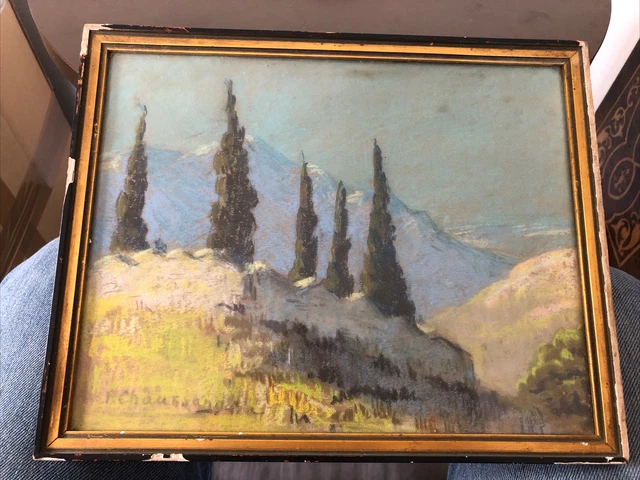 Ancien Tableau Cadre Pastel Signé Chaussandre Paysage Montagne Art Nouveau Déco
