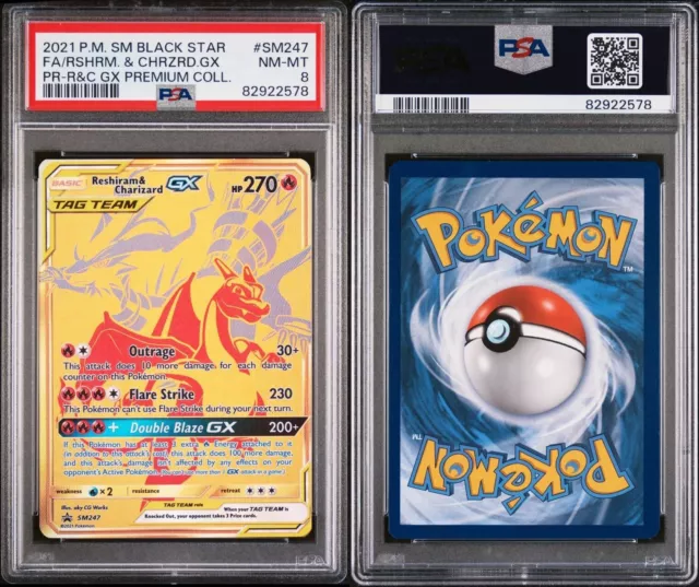 2021 Pokemon Reshiram & Charizard GX SM247 Full Art Tag Team Promo - PSA 8