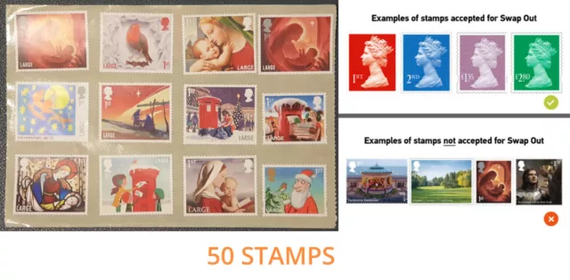 50 x 1st First Class Large Letter Royal Mail Xmas Unfranked Adhesive Stamps