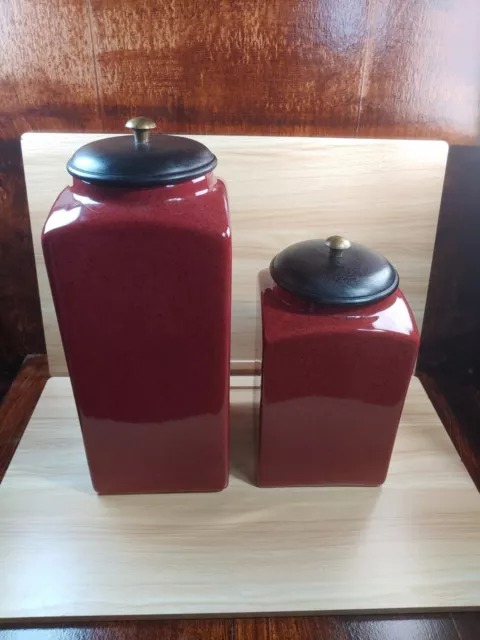 PIER 1 Import Rustic Brick Red 2 PCs Ceramic Canister Set W/ Vacuum Sealed Lids 3
