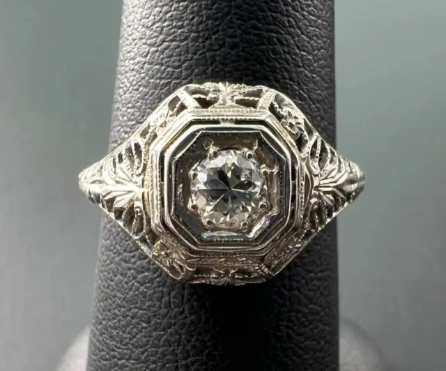 Antique 1930'S Art Deco 18K Wg White Gold Euro Cut Diamond Engagement Ring