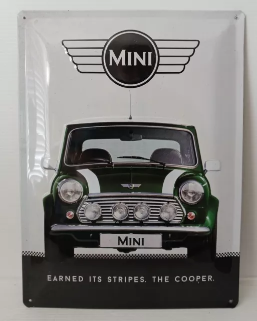 Metal Sign - MINI COOPER  "EARNED ITS STRIPES" Green  15.5" X 11.5"