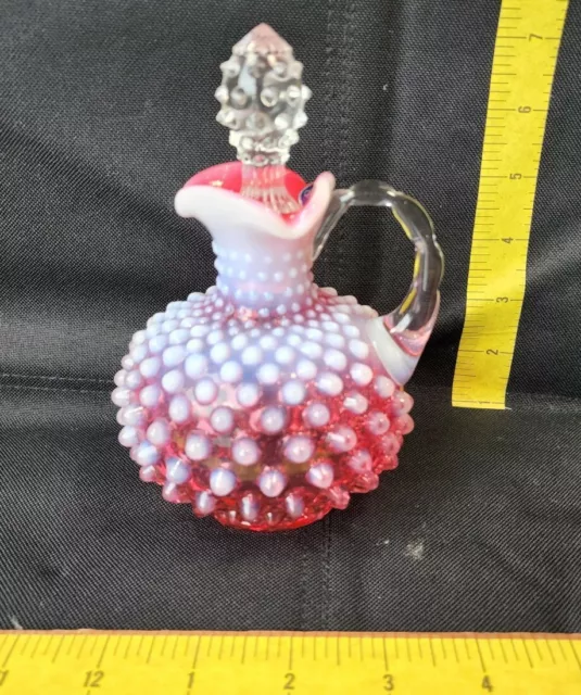 Vintage Art Glass Cranberry Opalescent Hobnail Pitcher With Stopper OGBlue Label