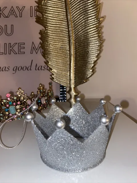 Crown Tiara Ornament Silver Glitter Queen Princess Royalty Shabby Chic Christmas