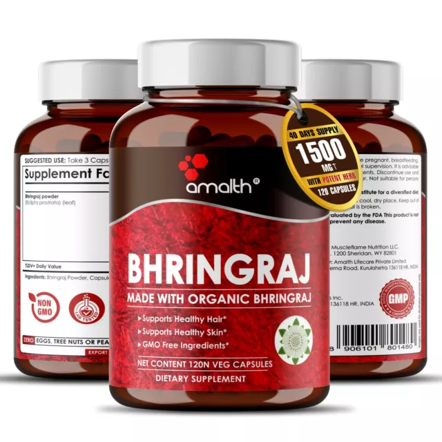 Organic Bhringraj Eclipta Powder 1500mg Capsules - 120 Pills -  Strong Hair