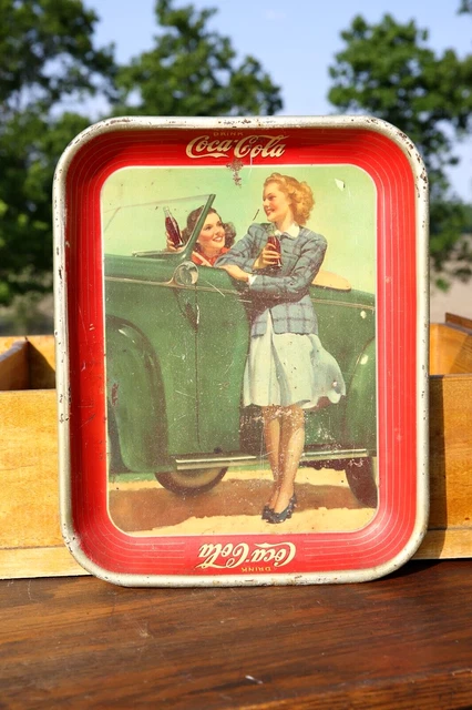 Vintage 1942 Coca Cola Two Girls At Car Ford Roadster Original Serving Tray soda