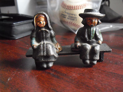 Vintage 1950s Cast Iron Amish Girl and Boy and Bench Figurines 2 1/4" Tall