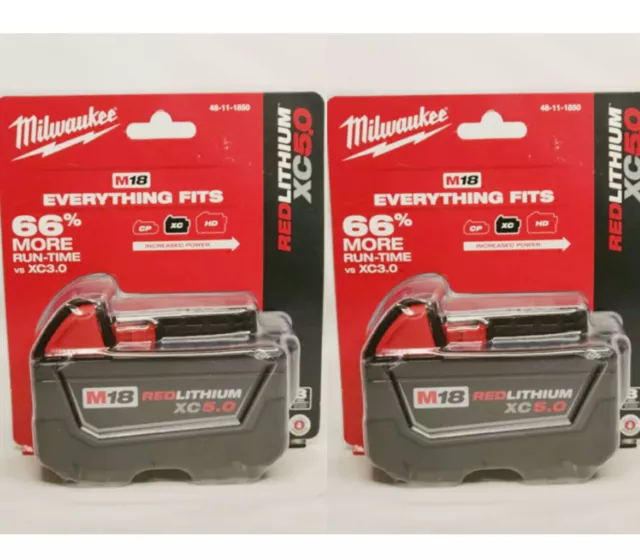 2 Pack 18V Milwaukee 48-11-1850 5.0 AH Batteries M18 XC18  NEW