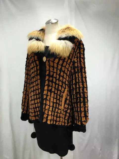 Plus Size Black/ Gold Pluck Mink Fur Hand Knit Lady Jacket Fox Collar Free Shipg