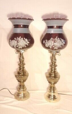 Pair Huge Victorian Style Brass Table Oil Lamps Cran Purple Shade Chimney Mcm