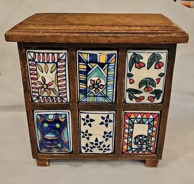 Apothecary 6 Hand Painted Ceramic Drawers Heavy Wooden Cabinet Tea Trinket Box
