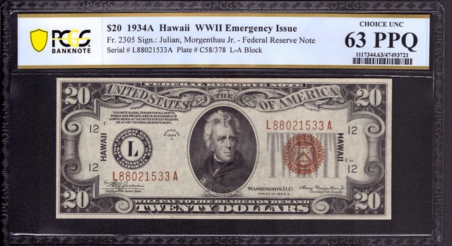 1934 A $20 Federal Reserve Note Hawaii Fr.2305 La Block Pcgs B Choice Unc 63 Ppq