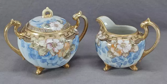 Nippon Hand Painted Pink & Orange Flowers Raised Gold & Blue Creamer & Sugar