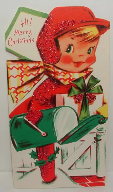 UNUSED -  Glitter - Boy on Ice Skates, Dog - 1950's Vintage Christmas Card 2