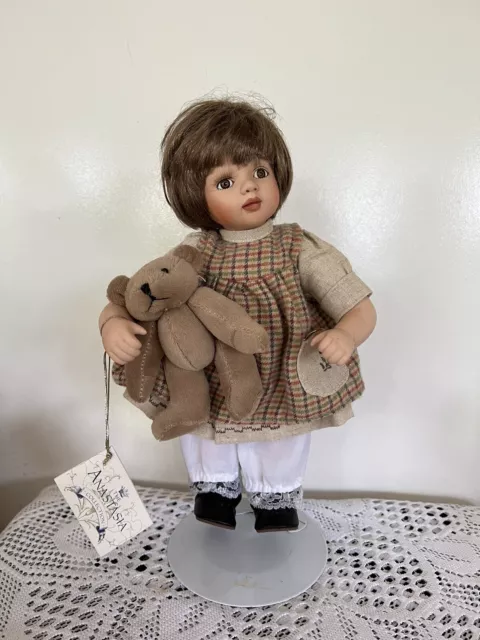 Anastasia Collection Hannah Porcelain Doll with Teddy Bear with Tags