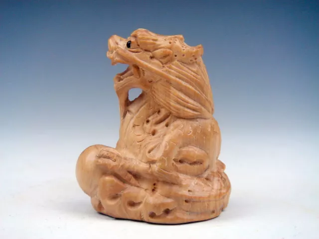 Japanese Boxwood Hand Carved Netsuke Sculpture Dragon Holds Pearl Ball #06182301
