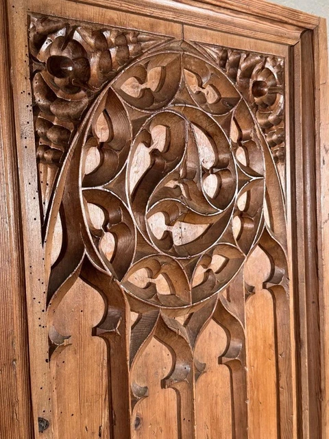 29" Tall Hand Carved French Antique Gothic Revival Pine Wood Panel 3