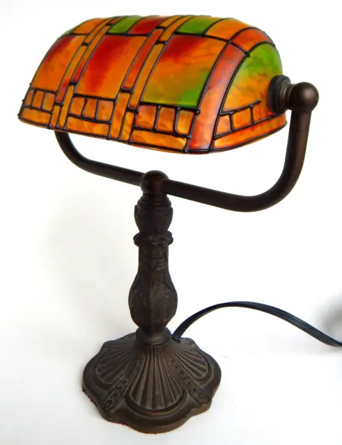 Vintage Multicolor Glass Desk Table Accent Banker's Lamp w/ Cast Iron Body
