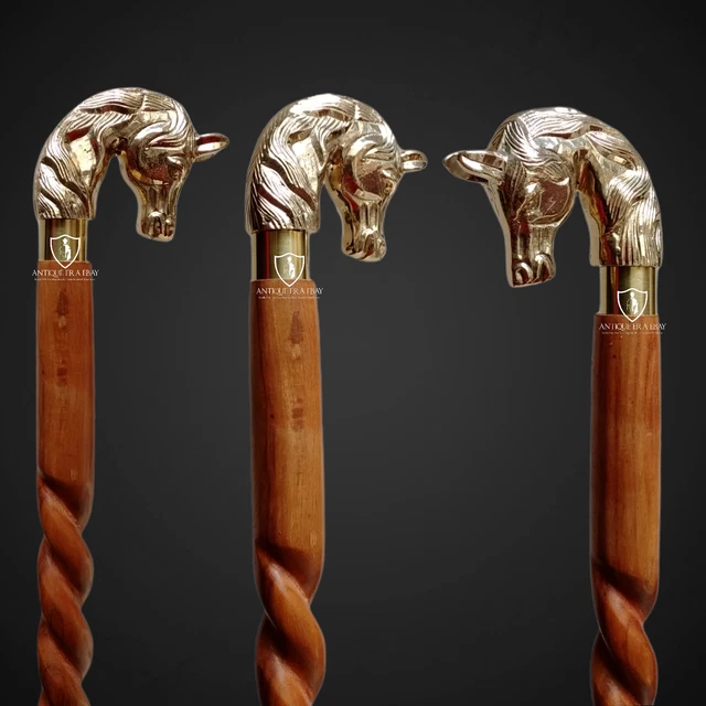 Poignée de tête de cheval en laiton massif antique Canne de marche en bois...