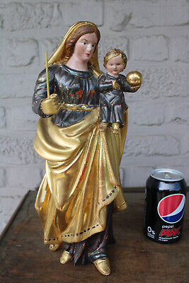 Antique 19thc Wood carved polychrome gold gilt Madonna child statue religious