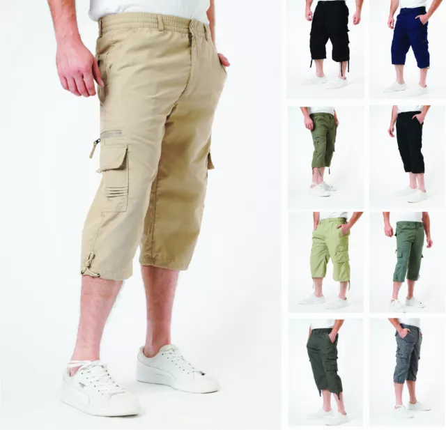 Mens 3/4 Shorts Cargo Combat Elasticated Waist Three Quarter Length Long M-3XL