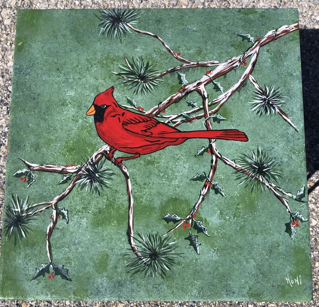 Hand Painted Artist Signed NONI Cardinal 12” Square Art Tile