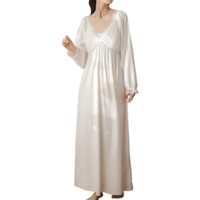 Women's Cotton Victorian Nightgown Vintage Lace Long Sleeve V Neck Sleep Dress