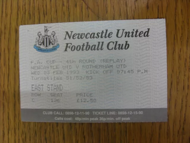 03/02/1993 Ticket: Newcastle United v Rotherham United [FA Cup Replay] (folded).