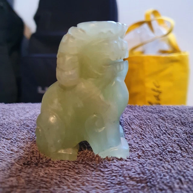 Chinese Carved Green Jade Foo Dog / ShiShi Guardian Lion Vintage Antique Figure