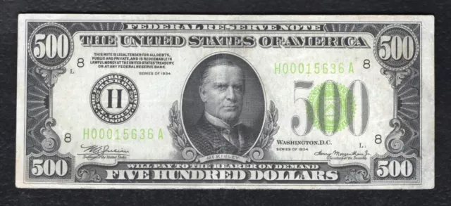 FR. 2201-Hlgs 1934 $500 FIVE HUNDRED LGS LIGHT GREEN SEAL FRN ST. LOUIS, MO VF+