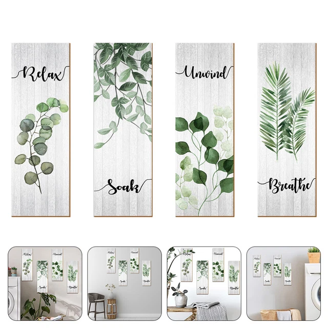 4 piezas señales de puerta de inodoro día colgante de madera revestimiento de madera plantas verdes