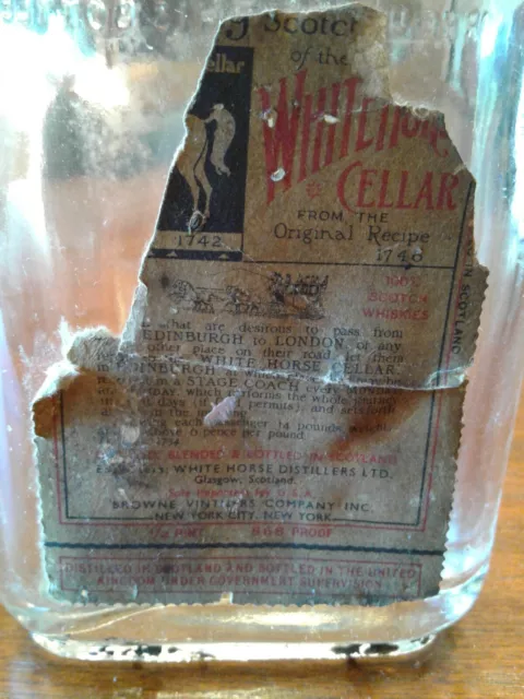 White Horse Cellar Distillers Scotch Whiskey Antique Glass 1/2 Pint Bottle Vtg.