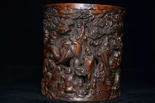 Chinese Old Bamboo Carved Eighteen Arhat Brush Pot Collection Office Supplies 2