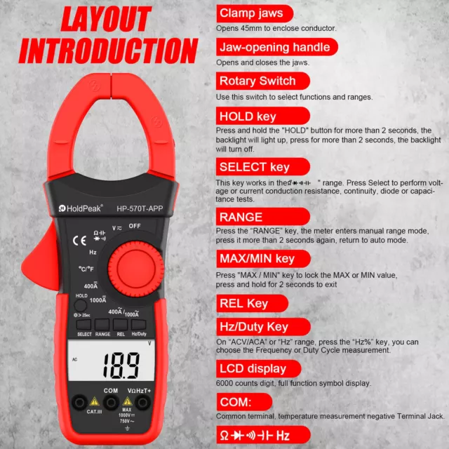 Multimeter Tester AC DC Volt Amp LCD Digital Clamp Meter Auto Range APP Blutooth 3